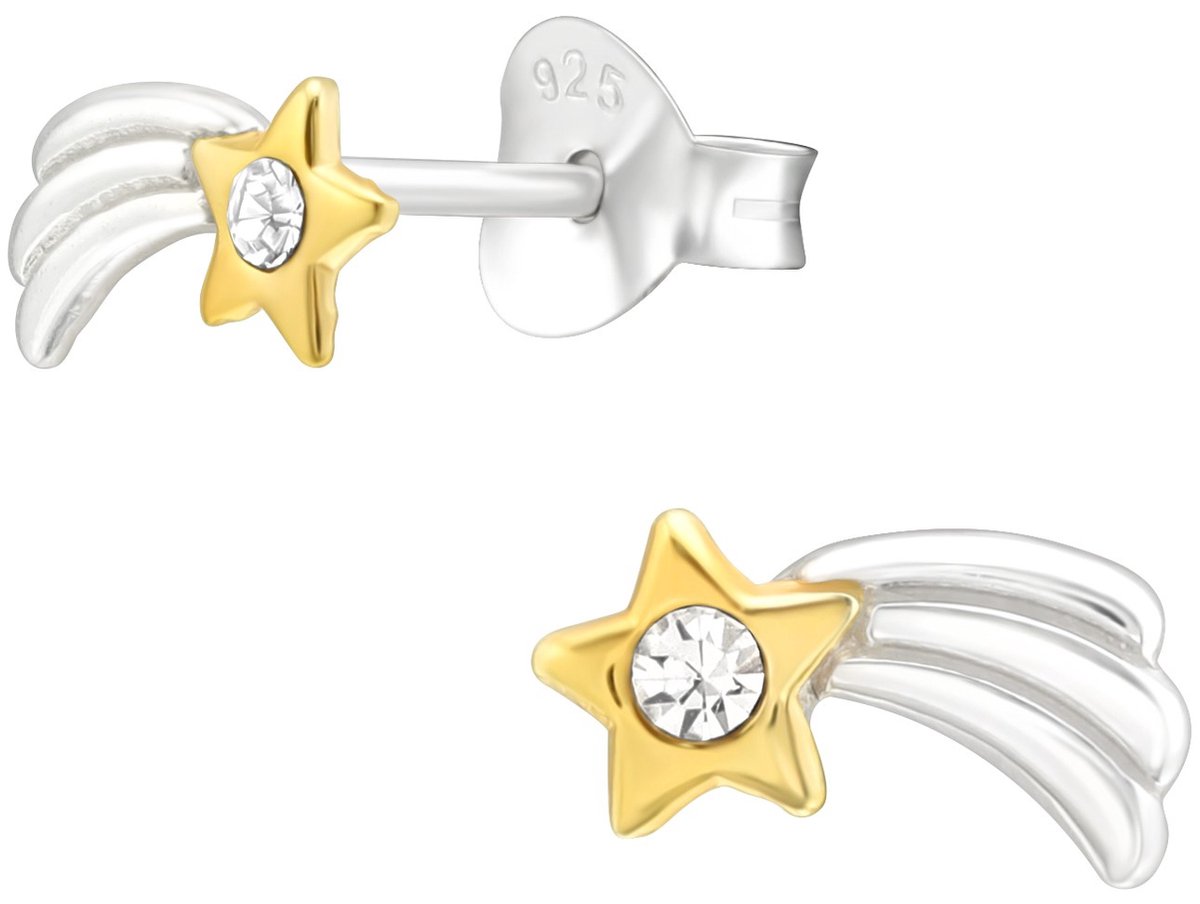 Joy|S - Zilveren vallende ster oorbellen - 4 x 8 mm - zilver met goudkleur - ster - kristal - kinderoorbellen