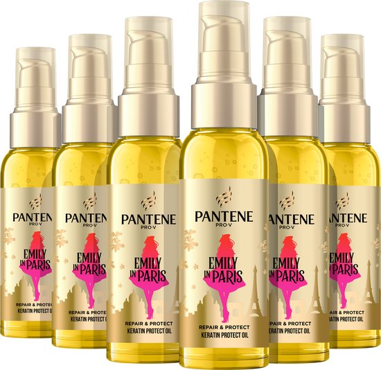 Six bouteilles dorées d'huile capillaire Pantene Pro-V avec logo 'Emily in Paris'.