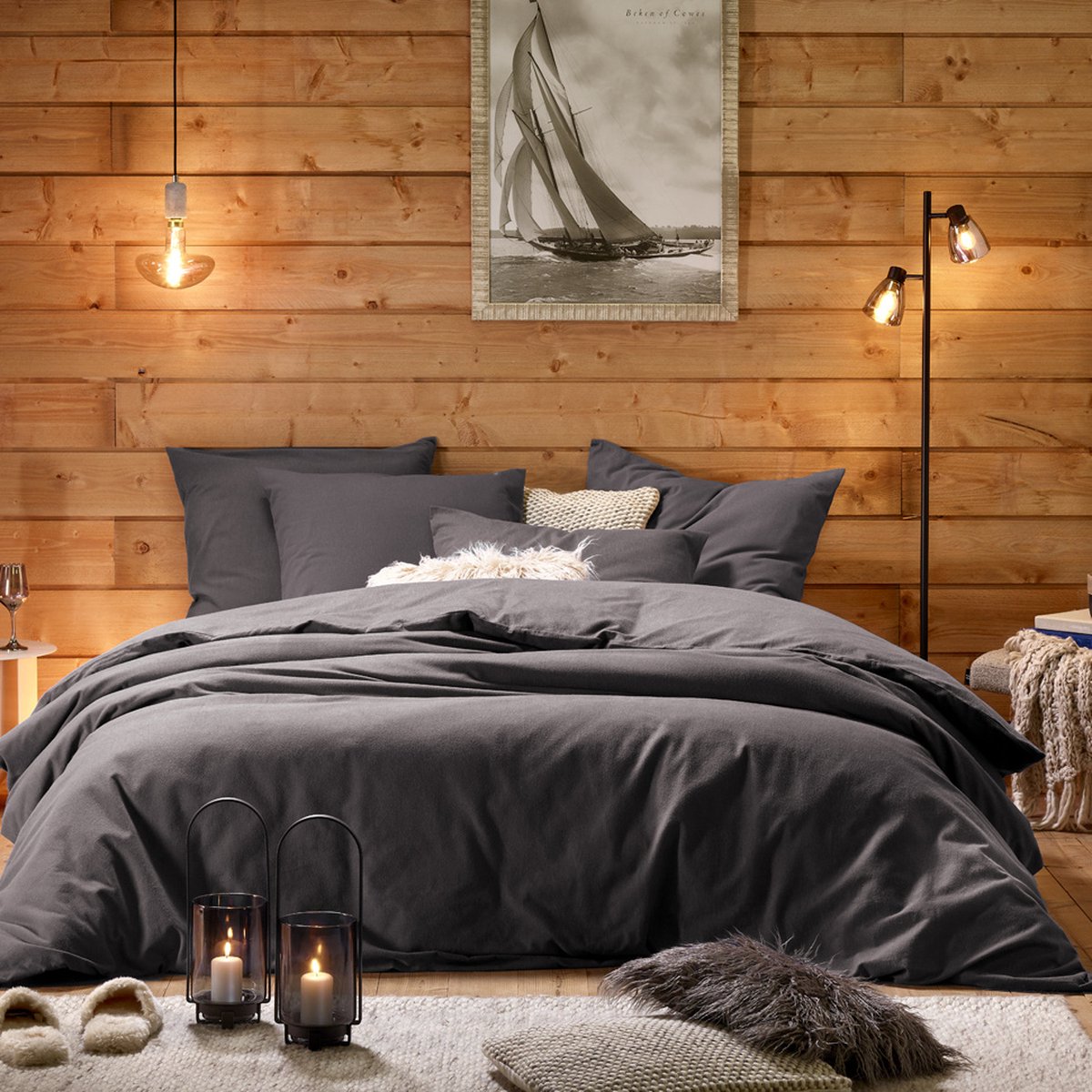 De Witte Lietaer Dekbedovertrek Laura Ebony - Tweepersoons - 200 x 200/220 cm - Katoen Flanel Donkergrijs