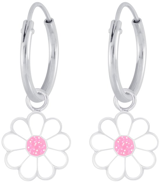 Joy|S - Zilveren bloem bedel oorbellen - madelief wit glitter met roze - oorringen