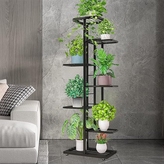 Metalen bloemenrek, plantenrek, 7-dieren, 8 potten, meerdere verdiepingen, bloemenstandaard, plantenstandaard, bloemenbank, bloementrap, plantentrap, staand rek voor binnen en buiten, tuin, balkon, decoratie (donkergrijs)