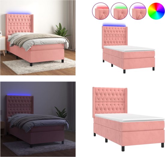 vidaXL Boxspring met matras en LED fluweel roze 100x200 cm - Boxspring - Boxsprings - Bed - Slaapmeubel