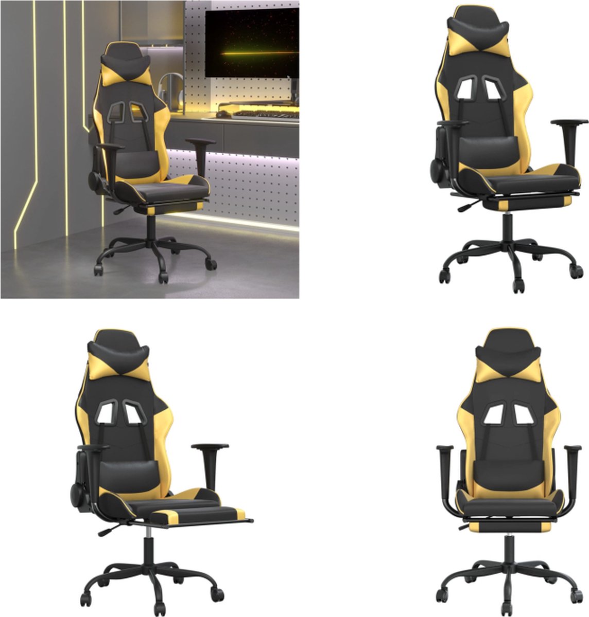 vidaXL Massage - gamestoel - met - voetensteun - kunstleer - zwart/goudkleurig Zwart en goud