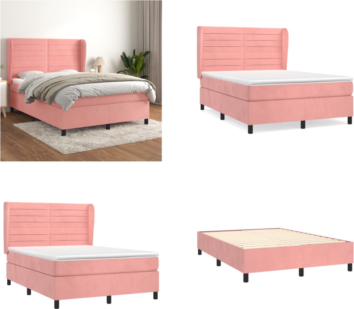 vidaXL Boxspring met matras fluweel roze 140x190 cm - Boxspring - Boxsprings - Bed - Slaapmeubel