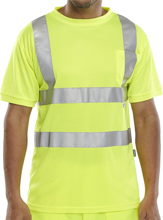 Lichtgeel T-shirt met korte mouwen, reflecterende zilveren strepen over de borst, taille en schouders. Een borstzak aan de linkerkant.