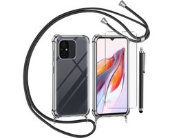 Schokbestendige Siliconen Hoes met Ketting - Geschikt voor Xiaomi Redmi 12C - Verstelbare Nekkoord, Transparant met Gehard Glas Schermbeschermer - Zwart