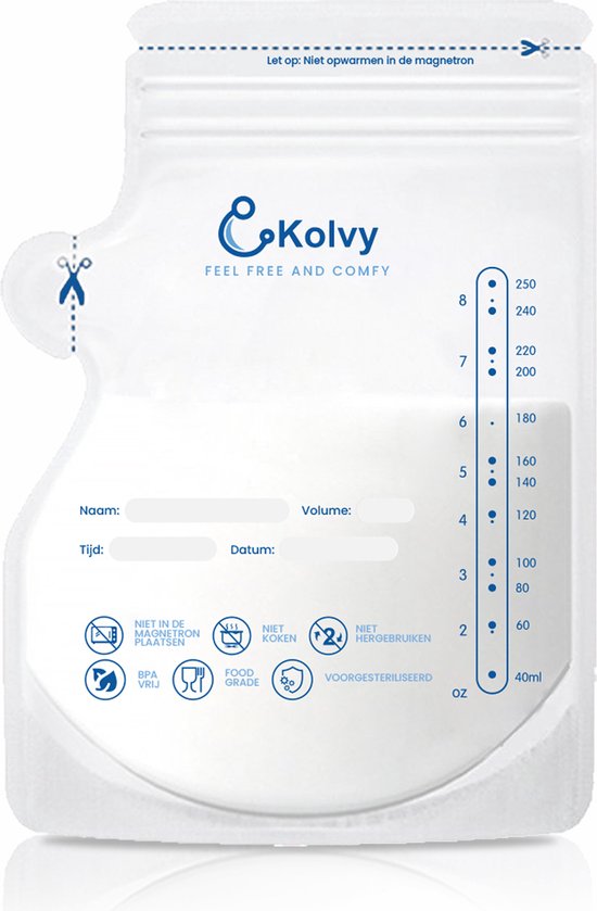 Kolvy® Moedermelk Bewaarzakjes - 100 stuks - Borstvoeding Bewaarzakje - Borstvoeding Zakjes - 250 ml - NIEUW - Met Dubbele Zipsluiting & Schenktuit - Kolvy