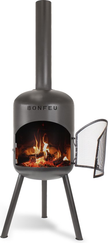 BonFeu BonBono Zwart Tuinhaard Staal - Houtkachel met Grill - Buitenkoken - Tuinkachel voor Sfeervolle Avonden - 45x45x165 cm