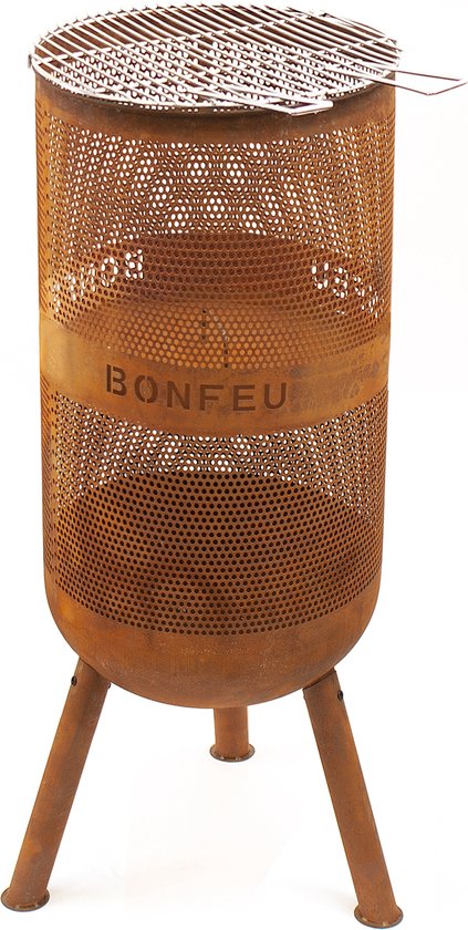 Roestkleurige BonFeu vuurkorf met grillrooster, staand op 3 poten.