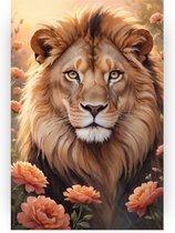 Leeuw met bloemen - Leeuw muurdecoratie - Schilderij bloemen - Muurdecoratie kinderkamer - Schilderijen op canvas - Kantoor decoratie - 50 x 70 cm 18mm
