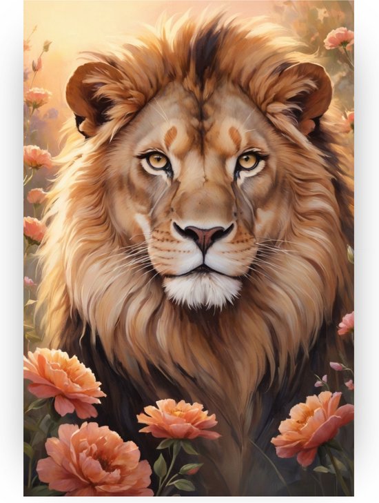 Lion avec fleurs - Décoration murale Lion - Tableau fleurs - Décoration murale chambre d'enfant - Peintures sur toile - Décoration bureau - 50 x 70 cm 18mm