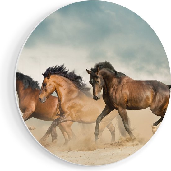 Artaza Forex Muurcirkel Drie Bruine Paarden - 40x40 cm - Klein - Wandcirkel - Rond Schilderij - Wanddecoratie Cirkel