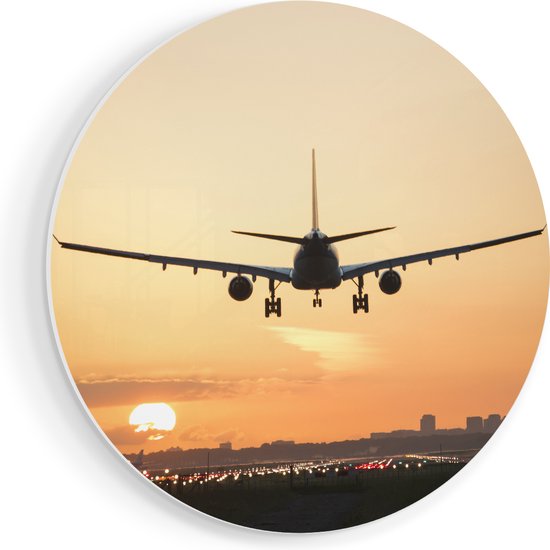 Artaza Forex Muurcirkel Vliegtuig Landt Tijdens Zonsondergang - 50x50 cm - Klein - Wandcirkel - Rond Schilderij - Muurdecoratie Cirkel