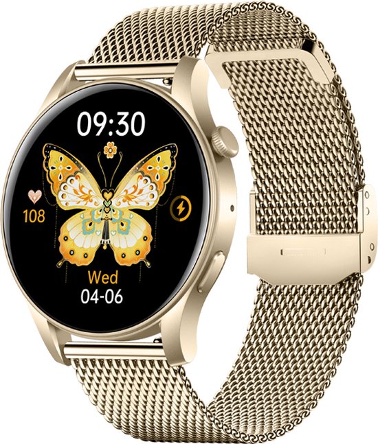 Kiraal Shine - Smartwatch - Elegantie en Functionaliteit - RVS Band - Geschikt Voor Vrouwen - Android & iOS - Goud
