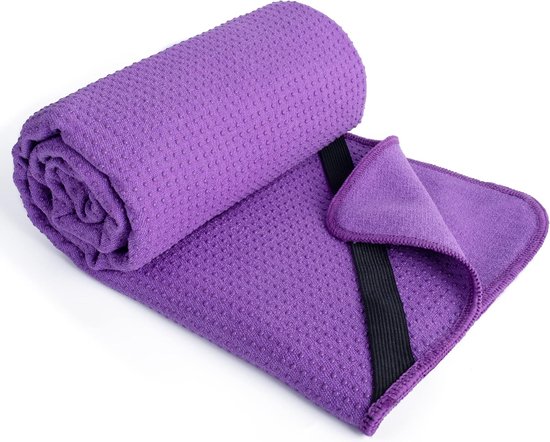 Microvezel yogahanddoek met antislip siliconenbasis en elastische banden voor hot yoga, 61 x 183 cm (paars)
