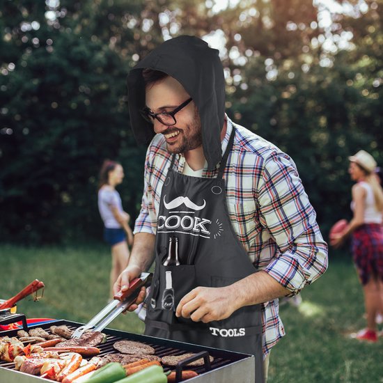BRAMBLE - Tablier amusant pour hommes, tablier de barbecue avec capuche, 7 poches et décapsuleur attachés - Cadeau Uniek pour Noël, anniversaires et Vaderdag