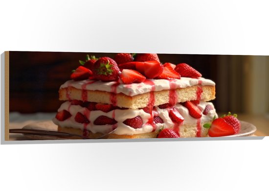 Hout - Eten - Cake - Fruit - Aardbeien - Bord - Lepel - 120x40 cm - 9 mm dik - Foto op Hout (Met Ophangsysteem)