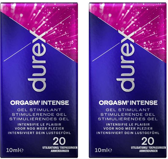 Twee Durex Orgasm Intense verpakkingen. Paarse en roze lijnen en spetters op een blauwe achtergrond. Durex logo en "Orgasm Intense" in witte letters.
