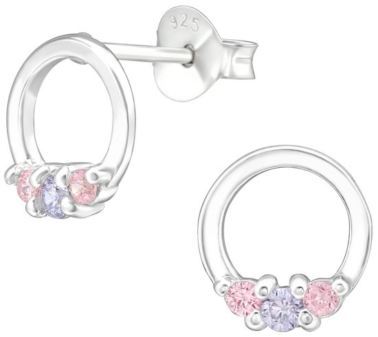 Joy|S - Zilveren cirkel oorbellen - rond met zirkonia roze paars - 8 mm - oorknoppen