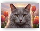 Kat met tulpen - Kat schilderij - Wanddecoratie tulp - Schilderijen op canvas industrieel - Muurdecoratie canvas - Wanddecoratie - 60 x 40 cm 18mm