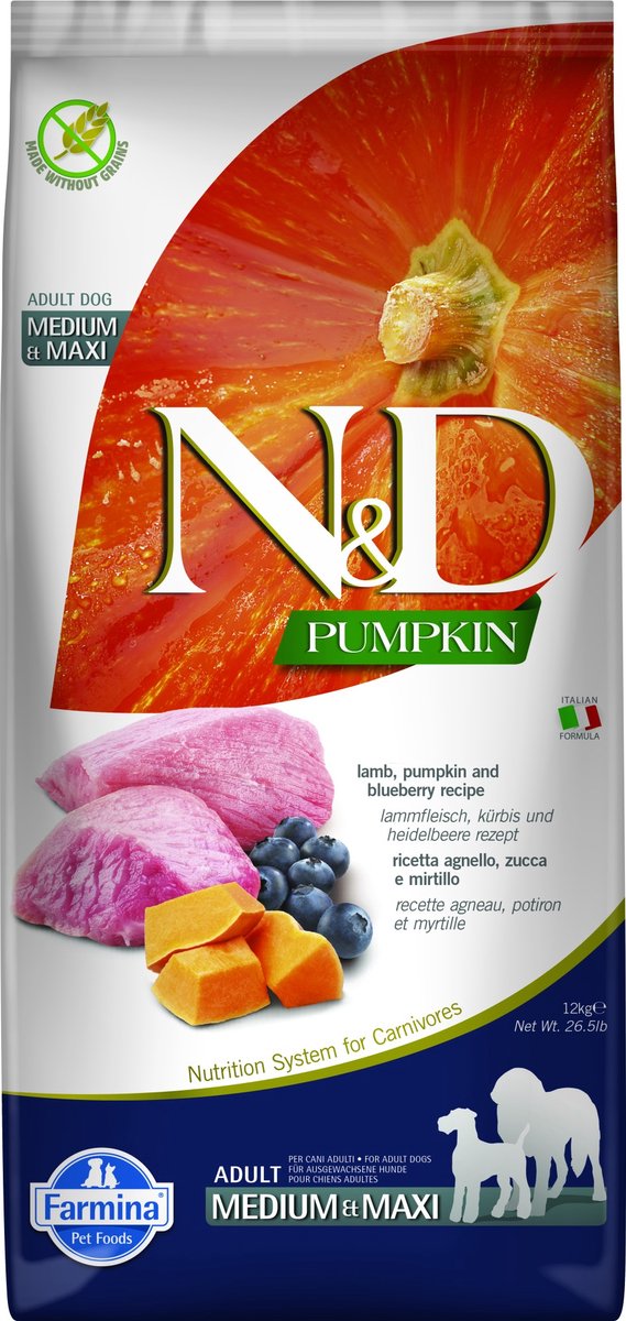 2x12kg Pompoen/Lam/Bosbes Adult Medium & Maxi Farmina N&D Hondenvoer Graanvrij