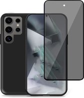 Hoesje + Privé Screenprotector geschikt voor Samsung Galaxy S24 Ultra – Privacy Tempered Glass - Back Case Cover Zwart