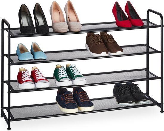 Relaxdays schoenenrek zwart - 4 etages - gang - voor 16 paar - schoenen opbergek - klein