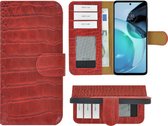 Geschikt voor Motorola Moto G14 Hoesje - Bookcase - Moto G14 Hoesje Book Case Wallet Echt Leer Croco Rood Cover