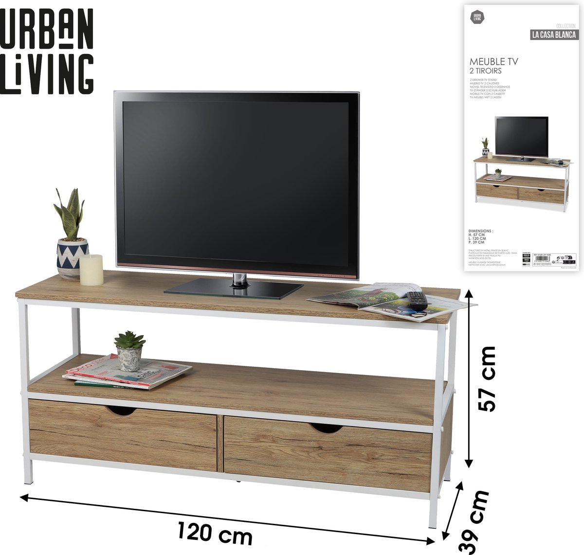 Urban Living "LA CASA BLANCA" TV-meubel met 2 lades 120x39xH57 cm light brown