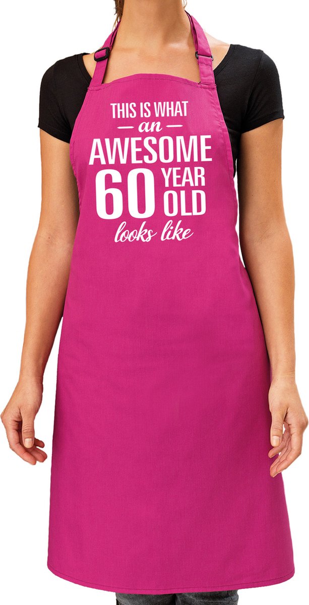 Bellatio Decorations Cadeau schort voor dames - awesome 60 year - roze - verjaardag - 60 jaar