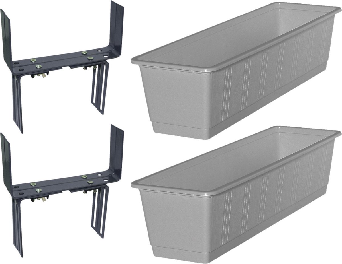 Set van 5 kunststof plantenbakken grijs rechthoekig 60 cm met 10 verstelbare balkon/muurbeugels
