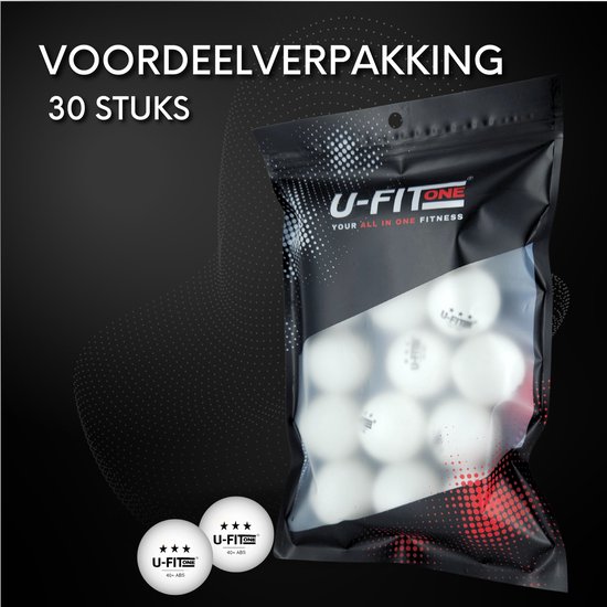 Voordeelverpakking 30 stuks witte tafeltennisballen in een doorzichtige zak met U-Fit One logo.
