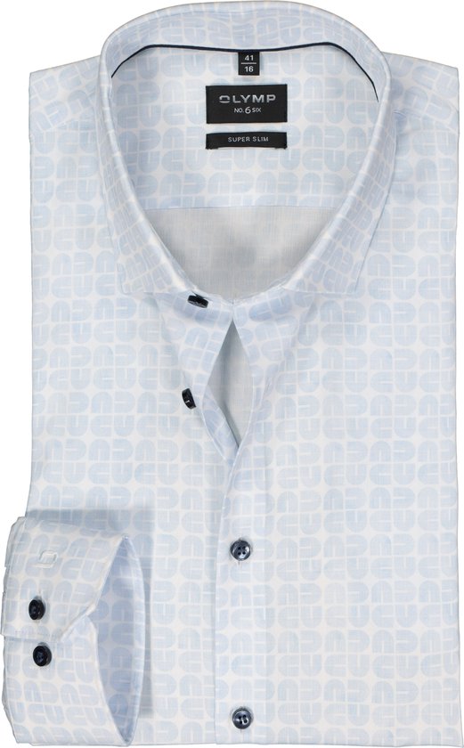 OLYMP No. 6 Six super slim fit overhemd - mouwlengte 7 - popeline - lichtblauw met wit dessin - Strijkvriendelijk - Boordmaat: 40