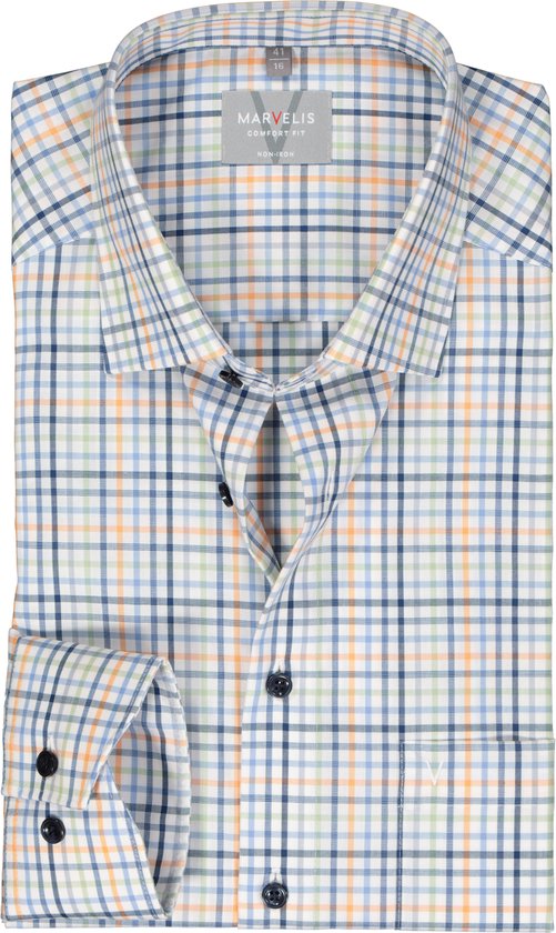 MARVELIS comfort fit overhemd - popeline - wit met blauw - oranje en groen geruit - Strijkvrij - Boordmaat: 46