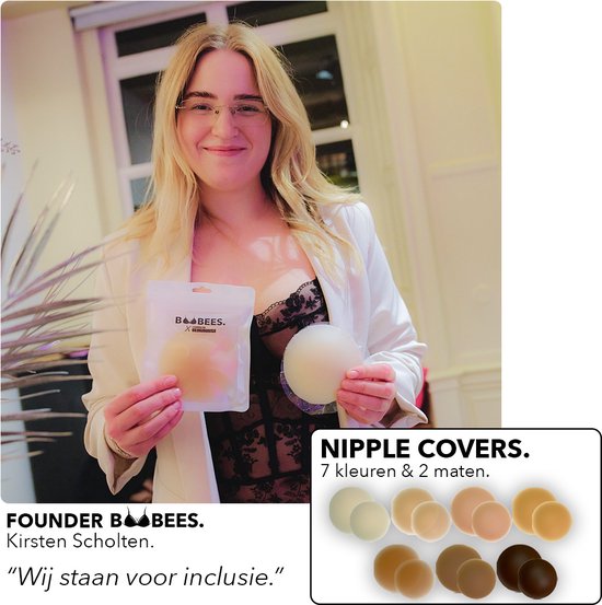 Kirsten Scholten, oprichter Boobees, houdt nippel covers vast. Meerdere huidtinten getoond.