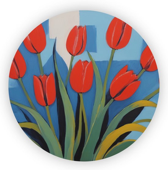 Rode tulpen - Bloemen wandbord - Wandschalen woonkamer - Muurdecoratie landelijk - Wanddecoratie rond - Wanddecoratie slaapkamer - 90 x 90 cm 3mm