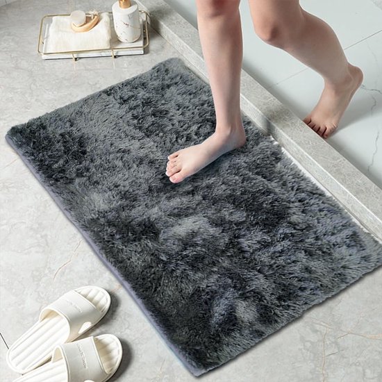 Homaxy Badkamertapijt, antislip, wasbaar, badmat, zacht, wollig, badtapijt, hoogpolig, microvezel, badmat, 43 x 61 cm, zwart