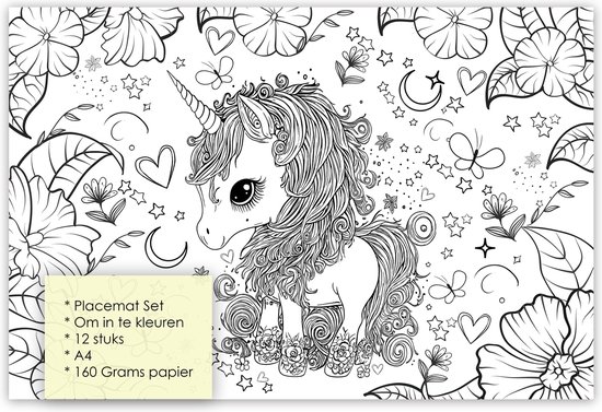 KP015 - Set de sets de table 12 pièces - Coloriage set de table - Sets de Napperons colorables - Set de table enfants - set de table à colorier - coloriage licorne - sets de table Unicron