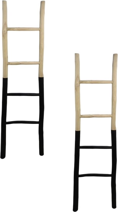Decoratie Ladder - Set van 2 - 45x4x150 cm - Bruin/Zwart - Teak - handdoekladder, decoratie ladder, wandrek ladder, decoratie trap, decoratierek, ladderrek, houten ladder, handdoekrek badkamer, ladder handdoekenrek