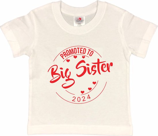 Shirt Aankondiging zwangerschap Promoted to Big Sister 2024 | korte mouw | wit/rood | maat 110/116 zwangerschap aankondiging bekendmaking Baby big sis sister