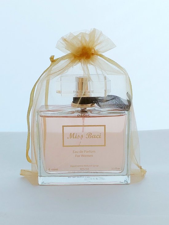 Luxe Franse Eau de Parfum - Miss Baci Dames - in cadeau verpakking - zeer populair - heerlijke sterke geur - met Freesia - Pioenroos en Amber - blijft gegarandeerd gehele dag ruiken - met gratis handtasverstuiver.
