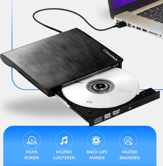 PuroTech - Externe DVD/CD Speler voor Laptop & PC - Brander - Optical Drive - Optische Drive - USB 3.0 Aansluiting - Plug & Play - Windows, MacOS & Linux - PuroTech