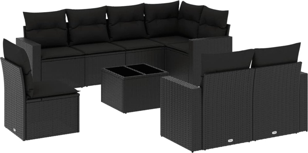 vidaXL 9-delige - Loungeset - met - kussens - poly - rattan - zwart