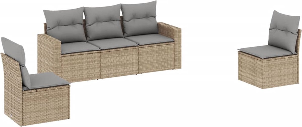 vidaXL 5-delige - Loungeset - met - kussens - poly - rattan - beige