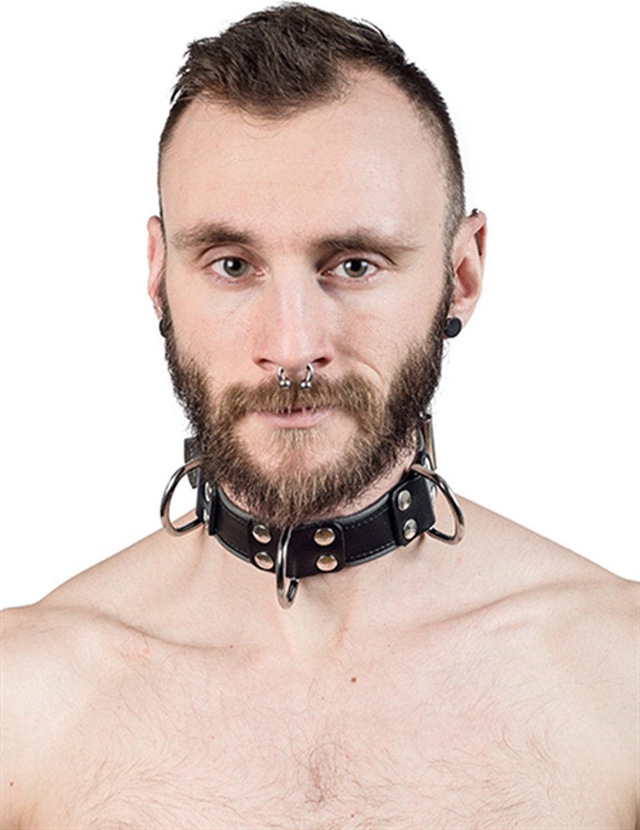 Mister B - Leren Slavenhalsband met 4 d-ringen - grijs
