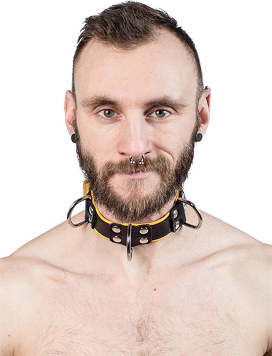 Mister B - leren Slavenhalsband met 4 d-ringen - geel