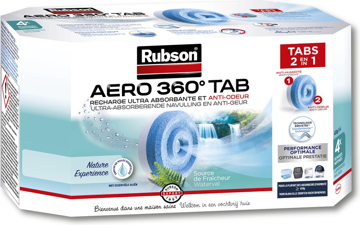 Rubson AERO 360 Navullingen Waterfall 4 Stuks | & Luchtontvochtiger Navulling | Navul Tabs