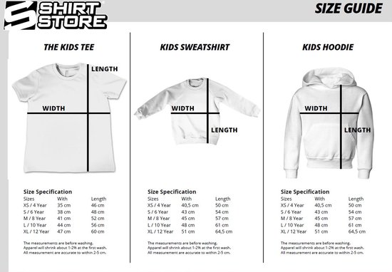Maattabel voor kinderkleding: T-shirts, sweatshirts en hoodies met afmetingen voor breedte en lengte.