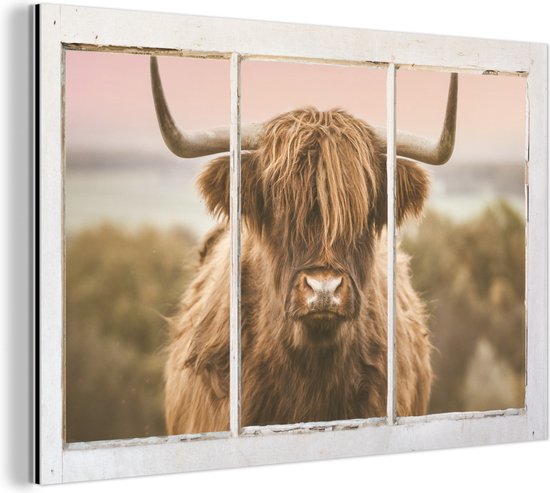 Wanddecoratie Metaal - Aluminium Schilderij Industrieel - Schotse hooglander - Doorkijk - Zee - 60x40 cm - Dibond - Foto op aluminium - Industriële muurdecoratie - Voor de woonkamer/slaapkamer