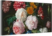 Wanddecoratie Metaal - Aluminium Schilderij Industrieel - Stilleven met bloemen in een glazen vaas - Schilderij van Jan Davidsz. de Heem - 80x40 cm - Dibond - Foto op aluminium - Industriële muurdecoratie - Voor de woonkamer/slaapkamer